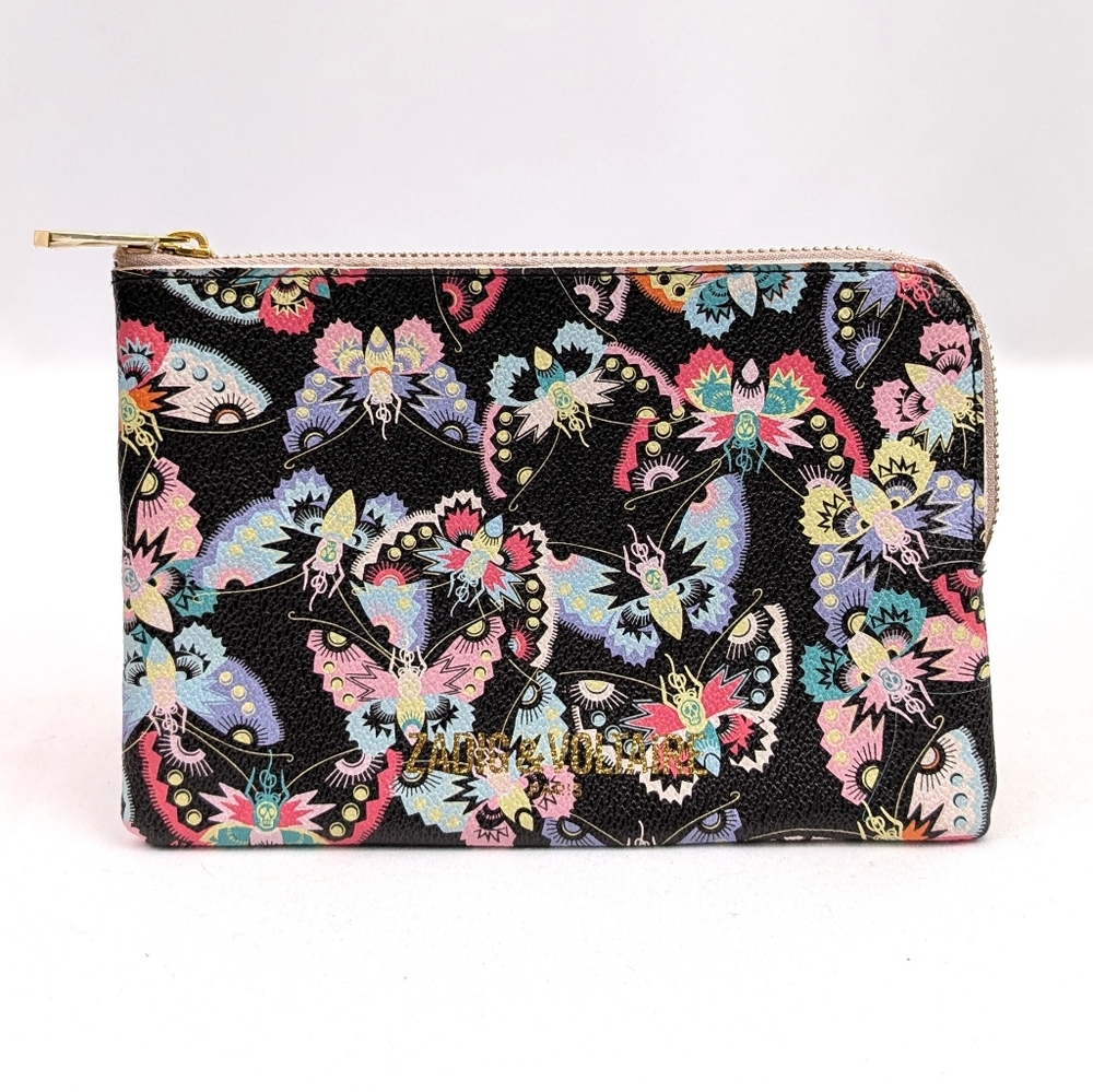 Zadig & Voltaire Leather Pouch Butterfly Print Zip Around Black Multicolor Gold
